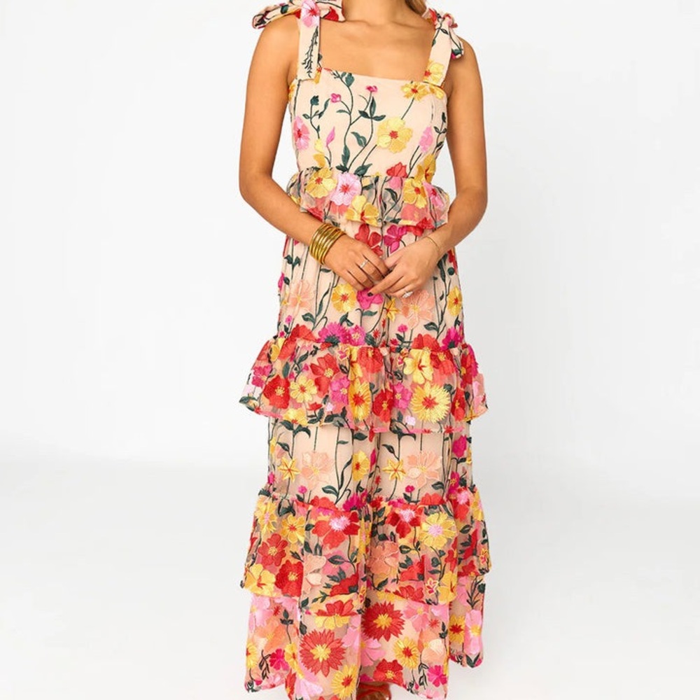 Buddy Love Pink and Yellow Ruffled Tiered Maxi Dress